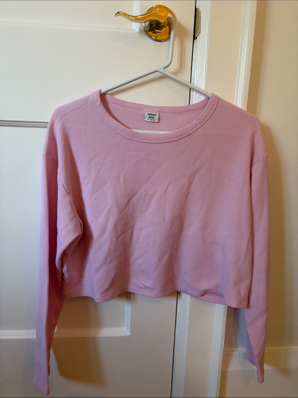 Sunday Best Cropped Waffle Long-Sleeve Top in Light Pink
